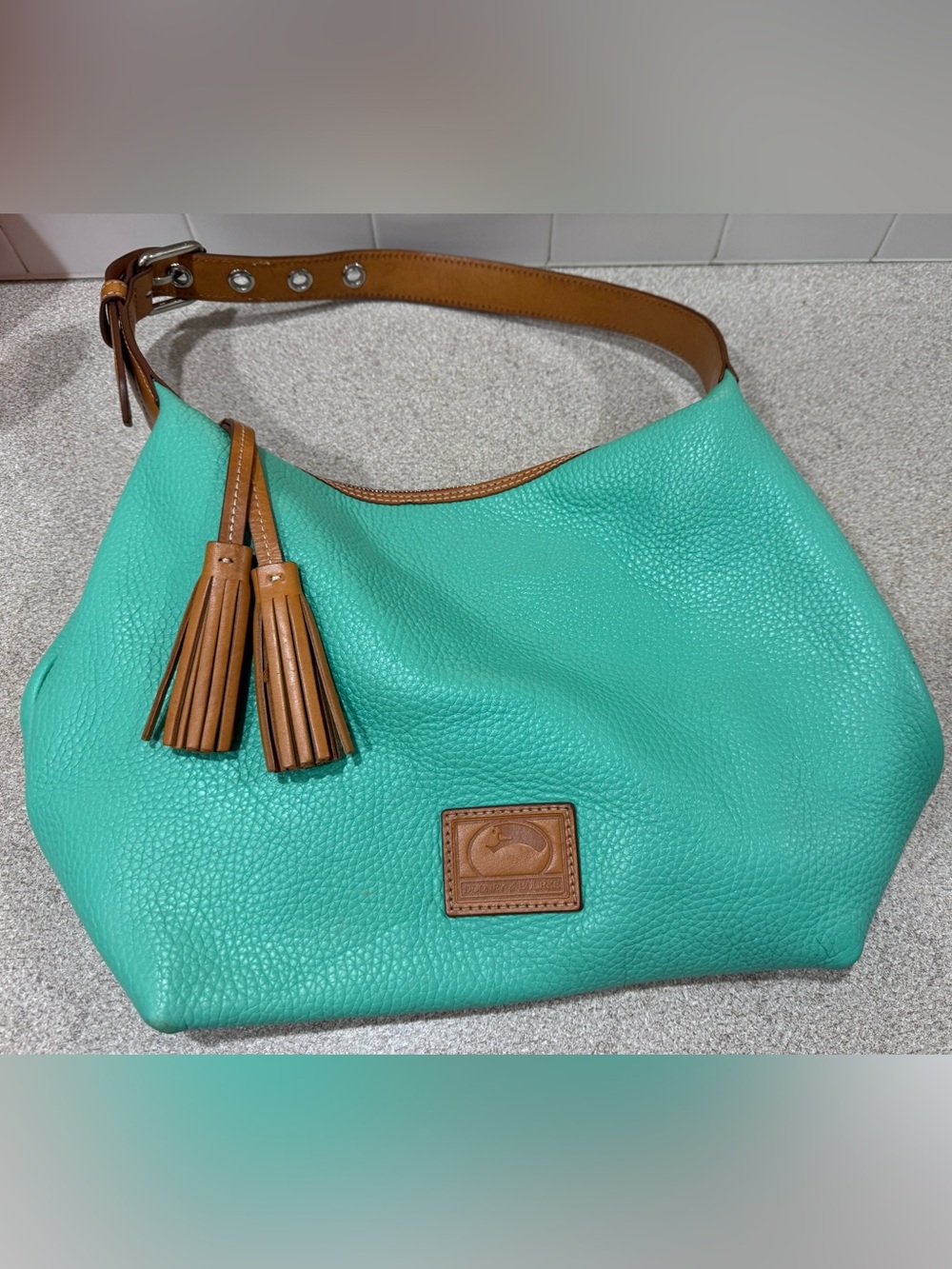 Dooney & Bourke Turquoise Pebbled Leather Shoulder Hobo bag w/ Tan Trim Tassel - Picture 14 of 16